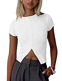 Cioatin Women Button Down Open Front Short Sleeve Crop Tee Tops Y2K Crew Neck Slim Fit Ribbed Cardigan Tshirt Workout White