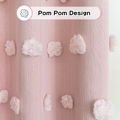 Image of MYSKY HOME Double Layer Curtains for Girls Bedroom Kids Curtain Pink Pom Pom Sheer Window Curtains 2 Panels Pink Curtains Grommet Room Darkening Solid Nursery Curtains 63 Inches Length, W52 X L63