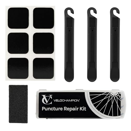 VeloChampion Puncture Repair Kit | Self-Adhesive Bike Tyre Patches for Road, MTB, BMX, Ebike| Travel Size Bicycle Puncture Repair Kit | 6, 10 or 40 Pack + Optional Tyre Levers (Repair Kit + Patches)