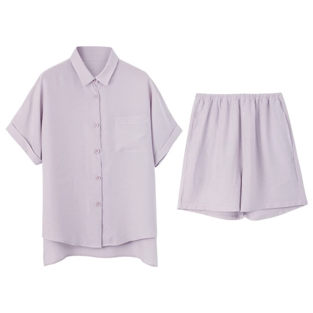 Pigiama Da Donna In Due Pezzi,Set Pigiama Da Donna Estivo, Comodo Pigiama A Maniche Corte E Pantaloncini A Due Pezzi, Pigiama In Seta Di Ghiaccio Con Bottoni Viola Per L'Uso Quotidiano E Il Sonno
