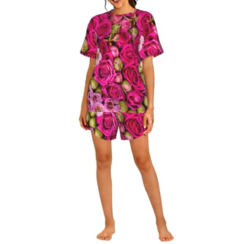 Pyjama femme manches courtes léger contre la chaleur nocturne motif roses