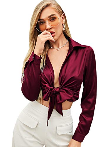 SheIn Women's Long Sleeve Lapel V Neck Satin Blouse Tie Knot Front Crop Tops Maroon Small