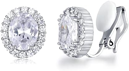 SELOVO Clear White Zircon Crystal Non Pierced Clip on Earrings Stud Silver Tone