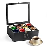 Rae Dunn Tea Bag Organizer - Tea Box Divided Storage Container Box with Hinge Lid for Kitchen Cabinet, Countertop, Pantry, Hold Coffee Pods, Seasoning Packets, Condiments, Black