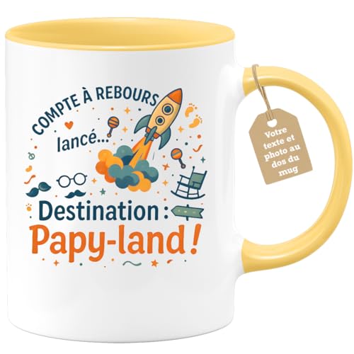 quotedazur Café-Croissant - Mug Personnalisable Texte Photo Humour Annonce Naissance Papy 2026 - Compte À Rebours Lancé Destination Papy-Land - Tasse Cadeau...