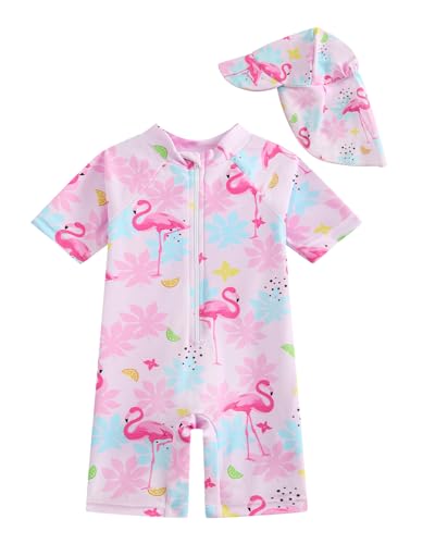 JiAmy Baby Girls Swimming Costume with Sun Hat Short Sleeve Zip Up Rash Guard Sun Protection Beach Swimsuit Infant Toddler One Piece Bathing Suits Pink Flamingo 18-24 Months