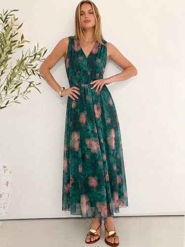 Image of ANRABESS Women's Floral Tulle Wedding Guest Maxi Dress | V Neck Sleeveless,A-Line Elastic Waist,Casual Flowy Formal Boho,Bridal Shower Garden Party Beach Vacation,Summer Fall