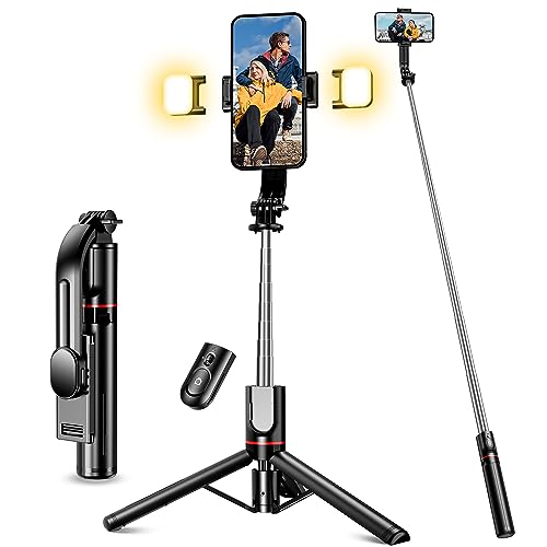 Selfie Stick mit Verbessertem Stativ, Selfie Stick Stativ mit 2 Fülllicht, Extra Langes 115cm Handy Stativ mit Abnehmbarer Fernbedienung, Kompatibel mit iPhone Samsung usw, Action-Kamera GoPro