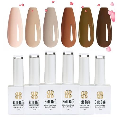 Image of Bolt Bee Gel Polish Kit, 6 Colors Light Soft Sakura White Nude Spring Soak off Nail Art Design Manicure Kit at Home (Brown Shades)