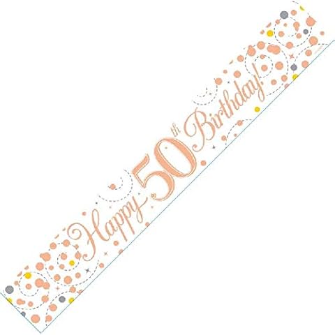 FANCYDRESSCOZ 9ft Banner Sparkling Fizz 50th Birthday White and Rose Gold Holographic Cover