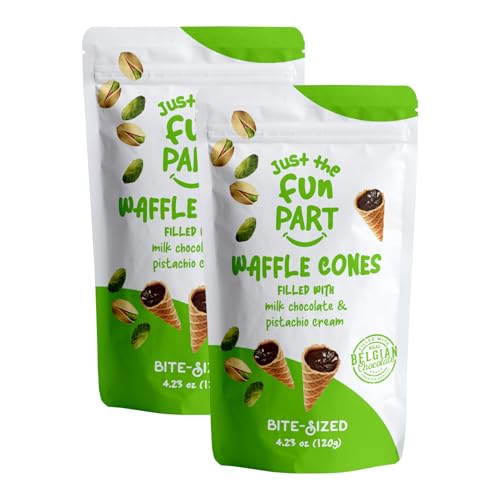 Just The Fun Part | Bite-Size Crispy Mini Waffle Cones | Filled With Premium Belgian Chocolate | Great For Snacks, Desserts, Grab &amp; Go | Kosher | 4.23 Ounce (Pack of 2, Pistachio Cream, Milk Chocolate)