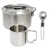 BeGrit Camping kochgeschirr 304 Edelstahl Outdoor Camping Topf für gaskocher Kompakt campingtopf Leicht Campinggeschirr mit Faltbarer Tasse und Göffel für Camping Outdoor Kochen Wandern Reisen