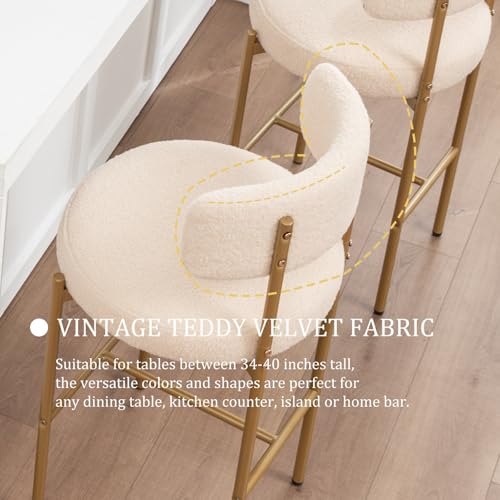 Image of Cinxzar Boucle Bar Stools Set of 3, Beige Counter Height Bar Stools with Backs, Gold Modern Barstools for Kitchen Island, Pub, Club