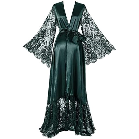 Fanjian Women's Sexy Lingerie Party Nightgown Bridal Robe with Lace Silk Bridesmaid Robe Bathrobe Wedding Scarf Maternity Robe for Photoshoot Green Cover