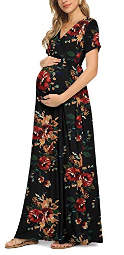 Xpenyo Women's Floral Maternity Dresses Summer Casual Short Sleeve V Neck Wrap Long Maxi Dress Pregnancy Clothes for Baby Shower, Photoshoot, Party, Daily, Nursing, Brown Flower Black XL
