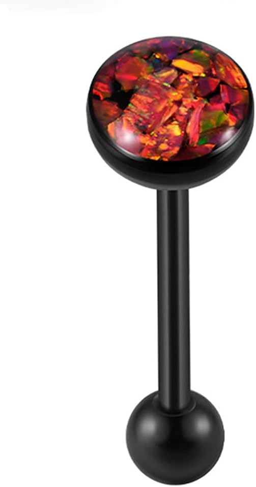 14G Opal Tongue Rings Stainless Steel Tongue Piercing Jewelry Internally Threaded Tongue Barbell Hypoallergenic Black Tongue Rings for Women Men