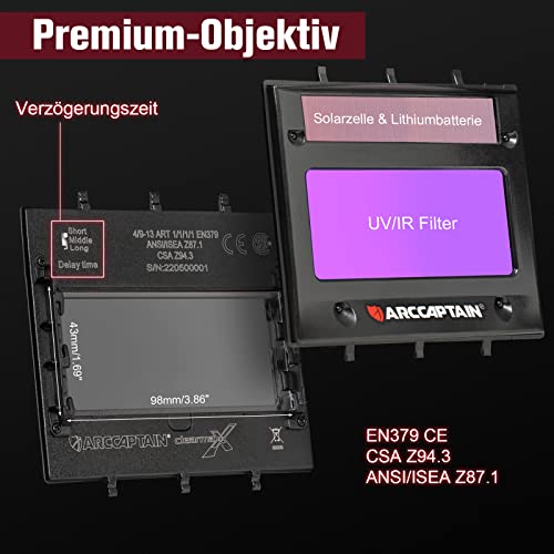 ARCCAPTAIN Schweißhelm Automatik, Schweißmaske Automatischer Verdunkelung für TIG MIG ARC, 1/1/1/1 Top Optische Klarheit, Ultra-Leicht Schweißhelm mit einstellbarem Schatten - Image 7