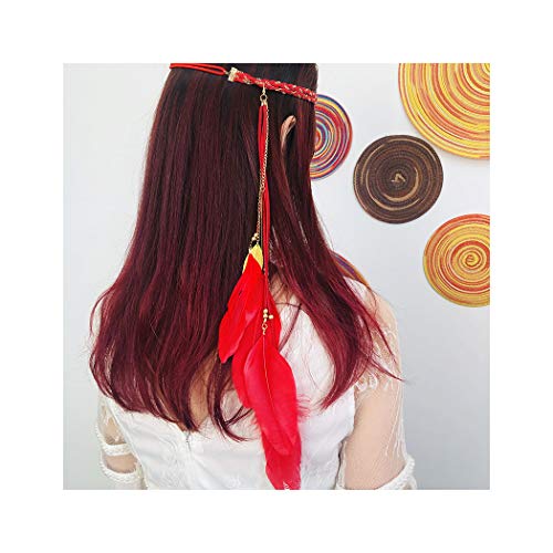A&C Indian Alloy Leaf and Red Peacock Feather Headband, Headpiece for Women, Fashion Head Chain for Girls (Red)