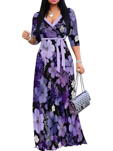 Image of Women Plus Size Long Sleeve V Neck Maxi Dress with Belt | Soft fabric relaxed fit three quarter sleeve v neck with pockets for party and daily wear
