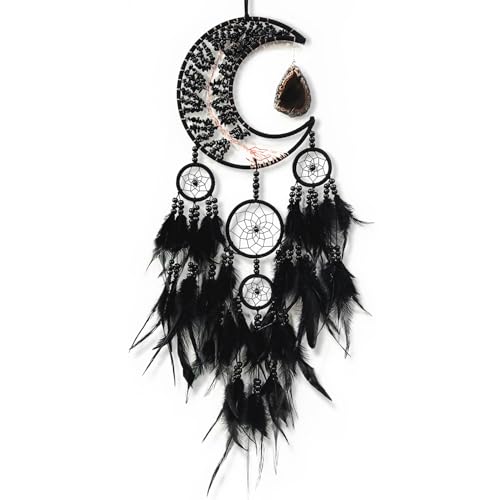 Large Dream Catcher,Moon Dream Catchers with Chakra Gemstone Agate Stone,Black Crystal Tree of Life Dream Catcher,Dream Catchers for Adults,Boho Bedroom Decor (Black Natural Gem Agate)