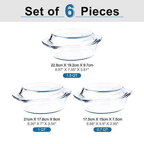 HUSANMP Set of 6 Pieces Round Tempered Glass Casserole Dish with Lids, Glass Casserole Baking Dish Set for Oven, Freezer and Dishwasher Safe - 0.7QT+1QT+1.5QT