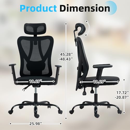Image of ECOTOUGE Ergonomic High Back Office Chair, Floor Chair with Back Support, Big and Tall Office Chair with Adjustable Headrest, Gaming Chair Mesh Home Office /Study Chair, Black