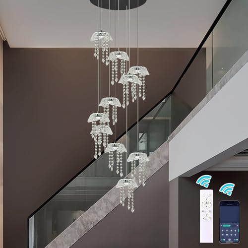 GEADI Modern Crystal Chandeliers for High Ceilings,10-Light Large Foyer Chandelier with Remote,Dimmable Jellyfish-Inspired LED Design Pendant Light Fixture for Staircase,Entryway,Dining Room
