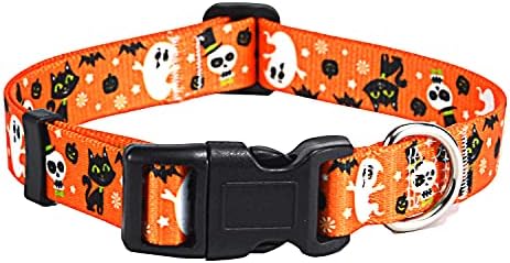 Mihqy Halloween Dog Collar - Pumpkin Bat Ghost Pattern - Adjustable for Small Medium Large Dogs (Halloween,S)