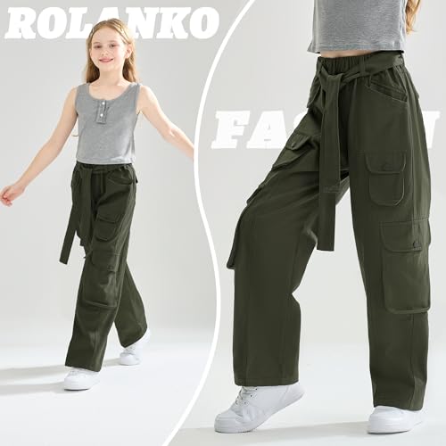 Image of Rolanko Girls Cargo Pants Baggy Y2K Cargo Trousers Jeans Wide Leg Pants with Multi Pockets 4-15 Years