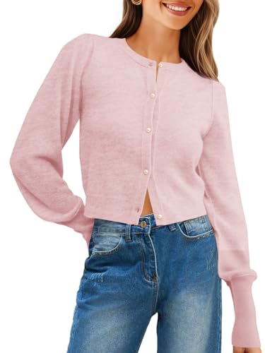 Saodimallsu Womens Cropped Cardigan Sweaters Crew Neck Button Down Long Puff Sleeve Loose Knit Fall Trendy Sweater Tops Light Pink