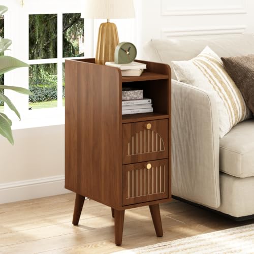 Image of Wnutrees 9.3 inch Narrow Nightstand with 2 Drawer, Fluted Wood End Table, Brown
