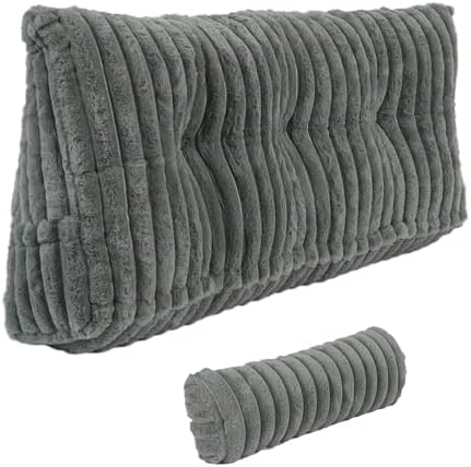 Headboard Pillow Twin, Triangular Wedge Pillow Headboard Faux Fur Backrest Pillows for Sitting in Bed,Reading or Working with 2 Pack Neck Bloster Pillows Removable Cover (Grey, Twin: 39x8x20 Inches)