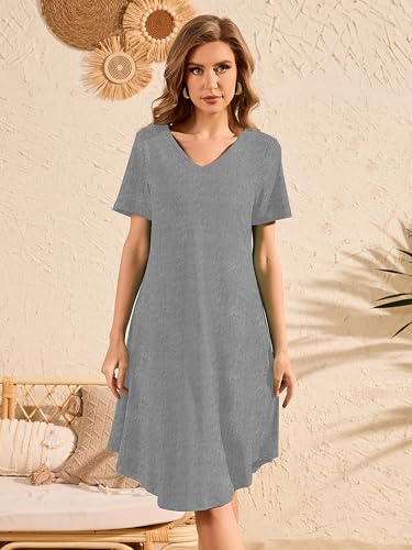 Image of DEARCASE Summer Dresses for Women V-Neck Short Sleeve T Shirt Dress Casual Flowy Swing Beach Vacation Mini Sundress