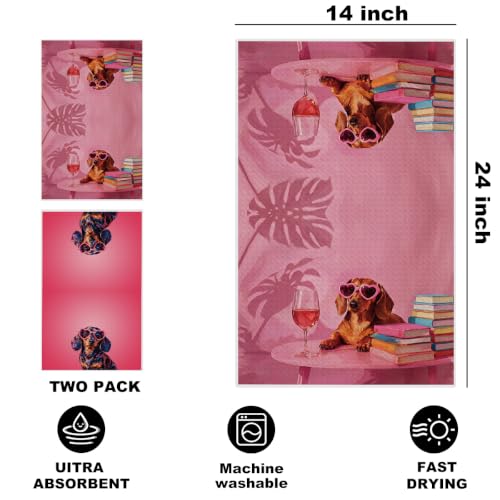 Image of 4 Pcs Pink Funny Dachshund Hand Towels, Dachshund Gifts Reusable Dish Towel | Waffle Weave Absorbent Hand Towel for Kitchen Bathroom Decor, Cute Weiner Dog Gifts for Women Mom Friend 24x14 Inch
