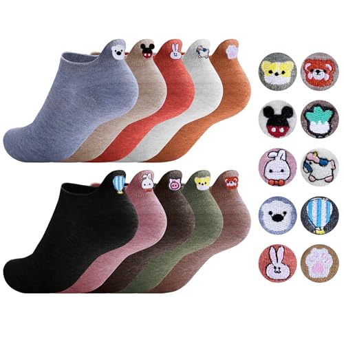 Sporzin Sneaker Socken Damen 39-42 & 35-38, 10 Paar Bunte Lustige Baumwolle Socken für Sneaker Damen mit Fersen-Motiv Stickerei, Alltag und Sport