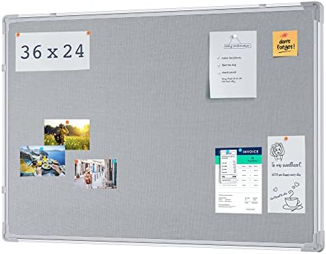 Maxtek Fabric Bulletin Board 36 x 24 inches, Gray Fabric Cork Board Wall Mounted, Decor Pinboard for Home Office Classroom, 3' x 2' Message Memo Hanging Notice Board Aluminum Framed