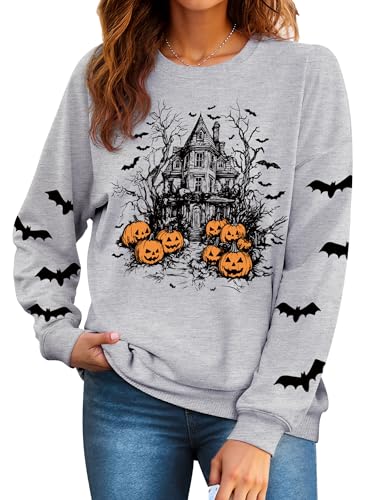 Ezcosplay Womens Halloween Sweatshirt Oversized Spooky Pumpkin Face Bat Halloween Town Graphic Print Pullover Shirt Gray
