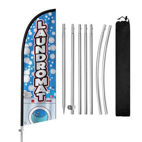 QSUM Laundromat Flag for Business, Laundromat Signs, 8FT Polyester Advertising Swooper Flag with Aluminium Alloy Flag Pole Kit, Stainless Steel, Ground Spike, Portable Bag