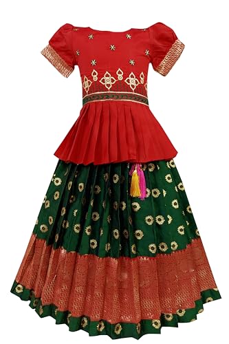 Image of FELIZ THE DESIGNER STUDIO Girls Readymade Traditional Pattu Pavadai Lehenga Choli