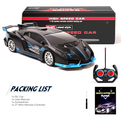 KULARIWORLD Remote Control Car for Boys Fast 1/18 Scale Rechargeable RC Vehicle Cars Toys Xmas Gifts for Kids High Speed with Headlights (Black Blue)