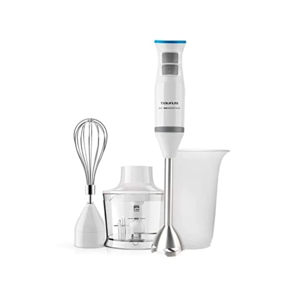 Taurus Bapi 1000 Rocket Plus Inox - Batidora de mano. Bate y pica. 1000W. Accesorios: vaso medidor, jarra‐picadora y emulsionador. Anti Salpicaduras. 20 velocidades y Turbo. Soft-​touch. Inox