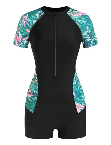 ZAFUL Women's Short Sleeves Rash Guard Boyleg One Piece Swimsuit Zipper Surfing Bathing Suit UPF 50+ 0-Green M