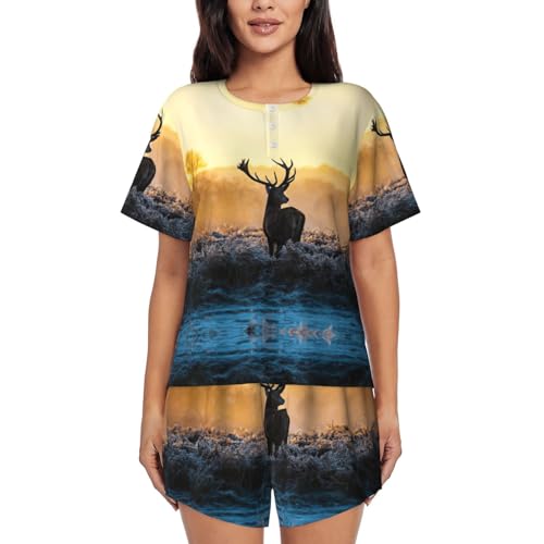 Pyjama femme imprimé cerf original, ensemble haut manches courtes et short à poches