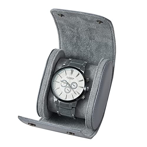Image of Mr.Okay 1 Watch Case for Women or Men- Premium Leather Watch Travel Case (with Luxurious Flannel,Snap Button or Zipper),Portable Watch Organizer For Storage and Display. Watch Roll Travel Case with Stylish and Perfect Texture, Purely Handmade by Craftsmen Who Pursue the Ultimate. (Grey, Roll Single)