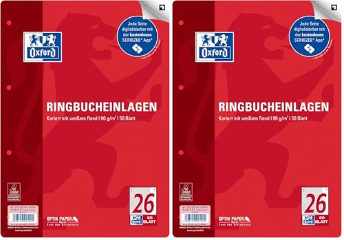 Oxford Ringbucheinlagen A4 kariert mit breitem, weißem Rand rechts, Lineatur 26, 50 Blatt (Packung mit 2)