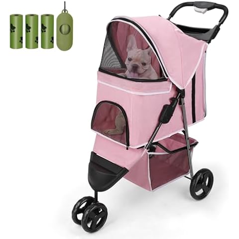 Wedyvko Dog Stroller - Pet Stroller for Small Dogs, Up to 33 lbs, Travel Folding Carrier with Storage Basket, Pink Cover