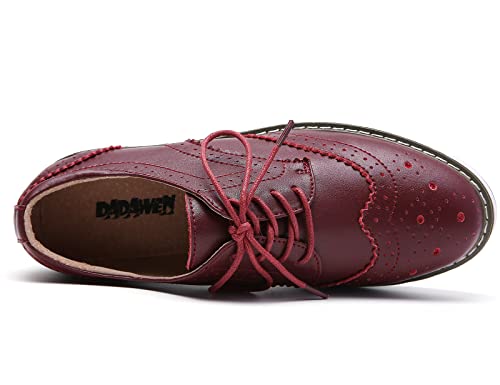 image for DADAWEN Women's Platform Lace-Up Wingtips Square Toe Oxfords Shoe Wine
