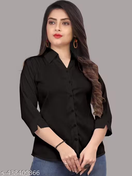 Image of Women's Cotton Blend Solid Formal Shirt with 3 /4 Sleeves-Navy Blue P4
