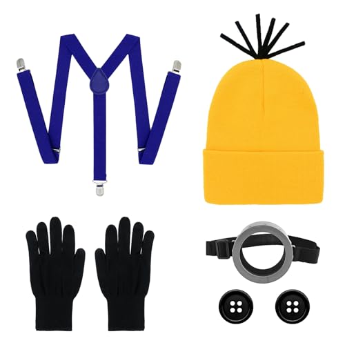 INNAL 7 peças acessórios de disfarce amarelo para Cosplay, 1 óculos, 1 gorro, 1 luvas, 1 alças, 2 botões, acessórios de disfarces de Halloween, disfarce minion acessórios para Halloween, adultos