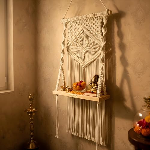 Image of Macrame Wall Hanging Shelf | Boho Decor Floating Wood Shelf with Adhesive Wall Hook | Handmade Cotton Rope Plant Holder for Bedroom, Living Room, Nursery | Size: 30 x 55 cm (Off-White)